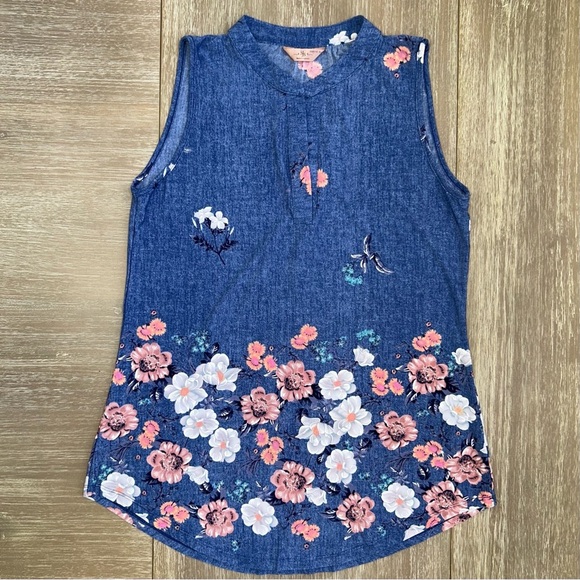 SJS Blue Floral Sleeveless Blouse Petite XL Summer Top Boutique Casual - Picture 3 of 11
